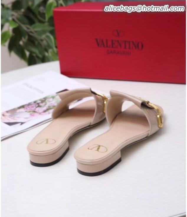 Top Design Valentino Patent Leather Vlogo Chain Flat Slide Sandals V10116 Apricot