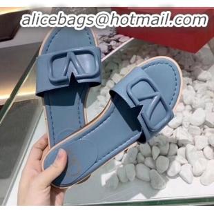 Good Product Valentino VLogo Calfskin Flat Slides Sandals V22624 Blue