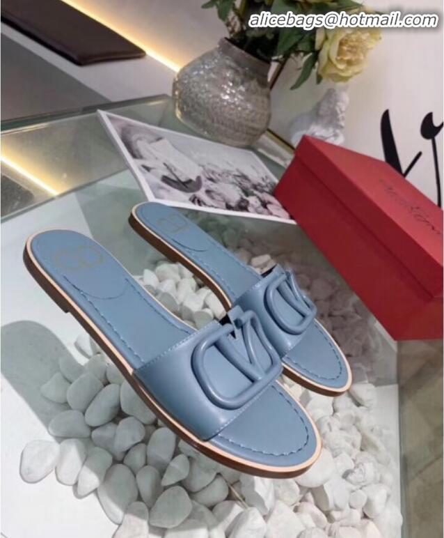 Good Product Valentino VLogo Calfskin Flat Slides Sandals V22624 Blue