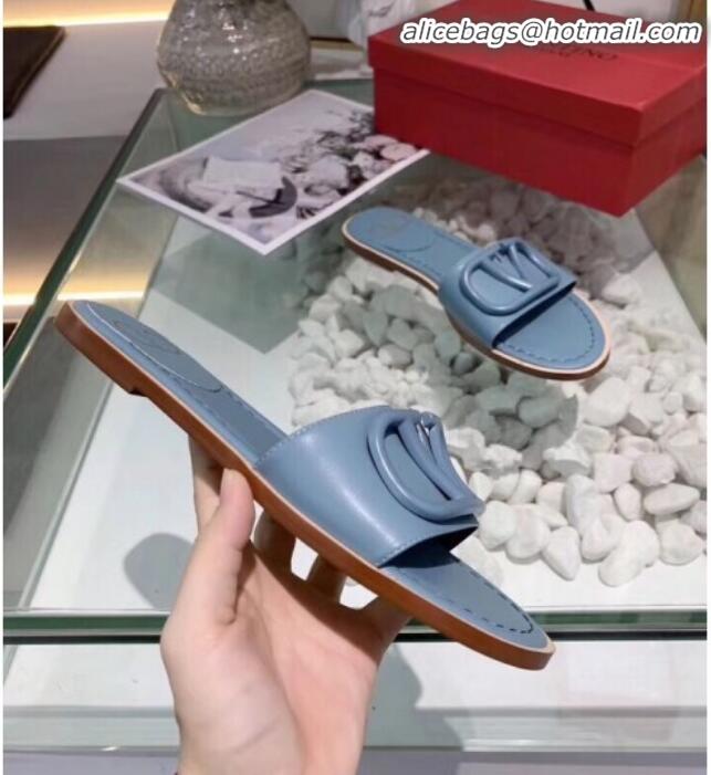 Good Product Valentino VLogo Calfskin Flat Slides Sandals V22624 Blue