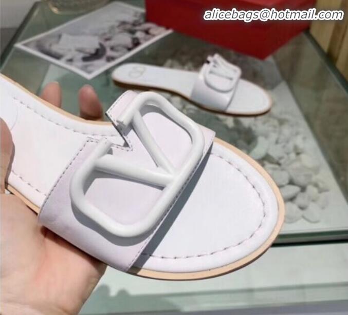 Low Price Valentino VLogo Calfskin Flat Slides Sandals V22624 White