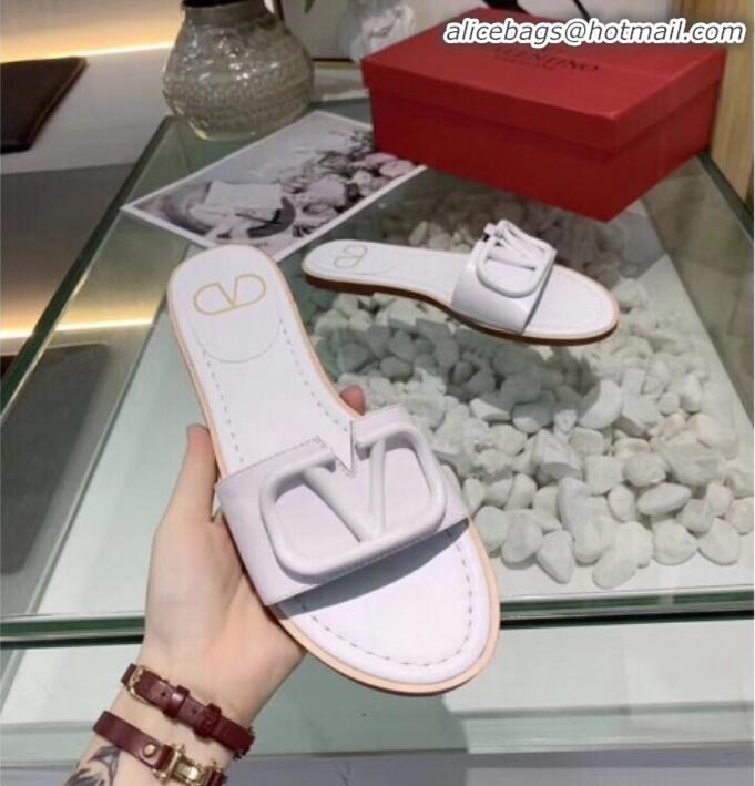 Low Price Valentino VLogo Calfskin Flat Slides Sandals V22624 White