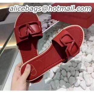 Unique Style Valentino VLogo Calfskin Flat Slides Sandals V22624 Red