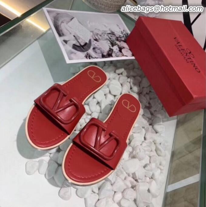 Unique Style Valentino VLogo Calfskin Flat Slides Sandals V22624 Red