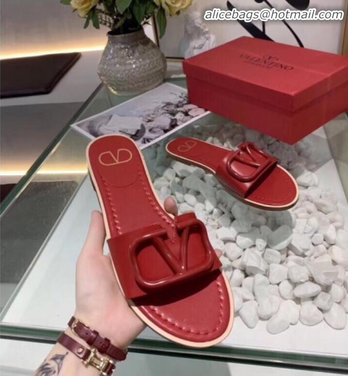 Unique Style Valentino VLogo Calfskin Flat Slides Sandals V22624 Red