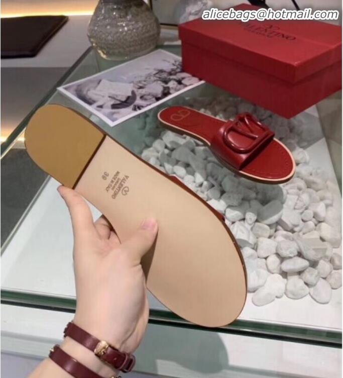 Unique Style Valentino VLogo Calfskin Flat Slides Sandals V22624 Red