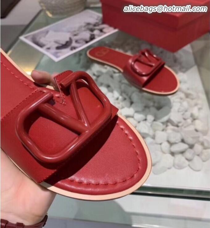 Unique Style Valentino VLogo Calfskin Flat Slides Sandals V22624 Red