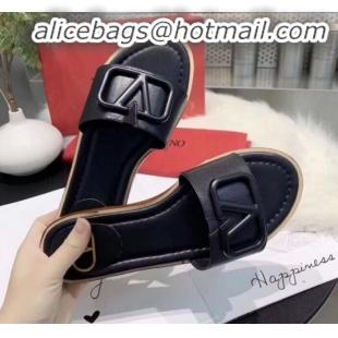 Good Quality Valentino VLogo Calfskin Flat Slides Sandals V22624 Black