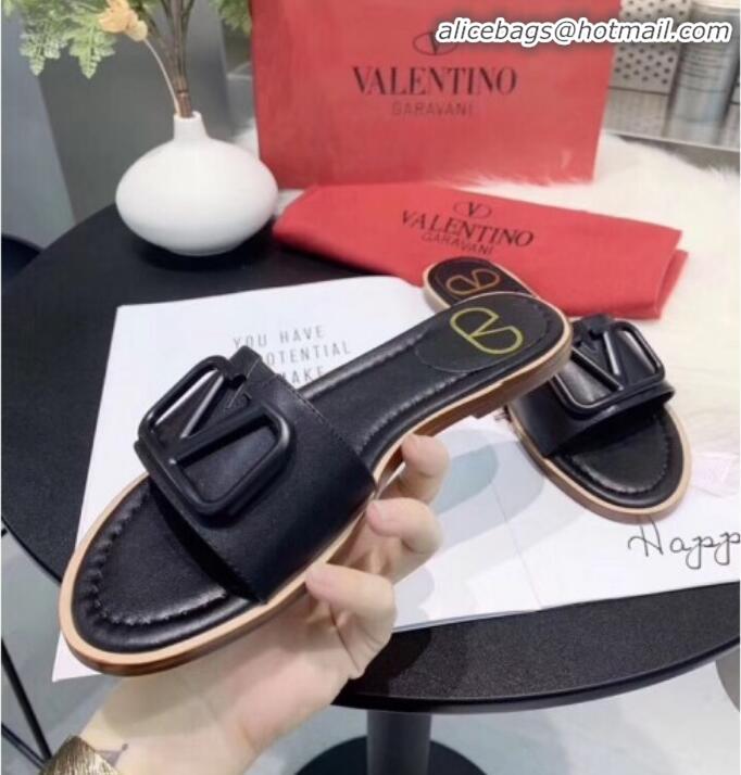 Good Quality Valentino VLogo Calfskin Flat Slides Sandals V22624 Black