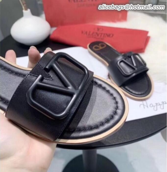 Good Quality Valentino VLogo Calfskin Flat Slides Sandals V22624 Black