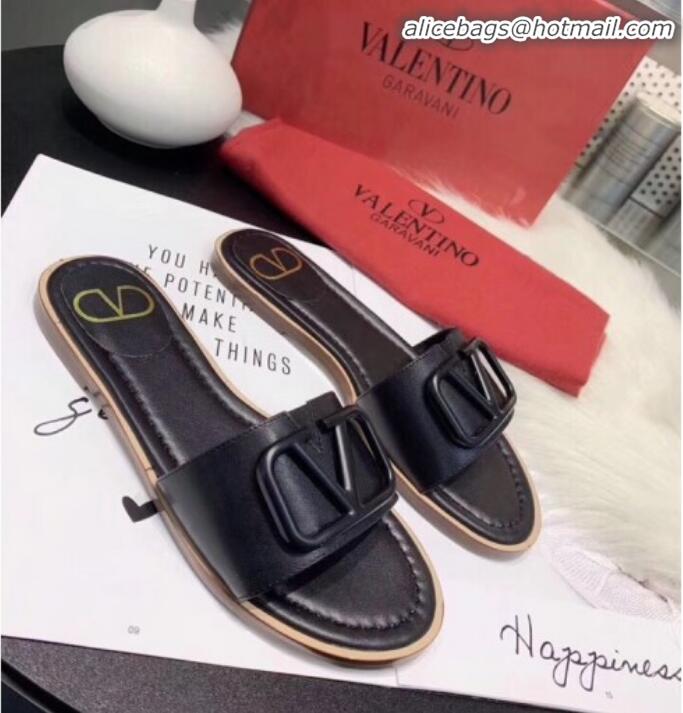 Good Quality Valentino VLogo Calfskin Flat Slides Sandals V22624 Black