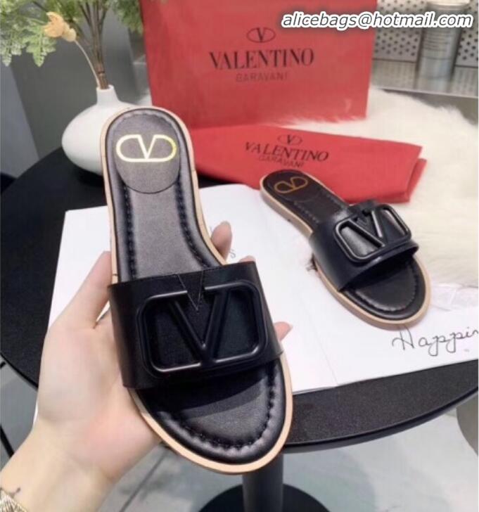 Good Quality Valentino VLogo Calfskin Flat Slides Sandals V22624 Black