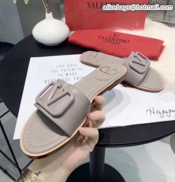 Unique Grade Valentino VLogo Calfskin Flat Slides Sandals V22624 Grey