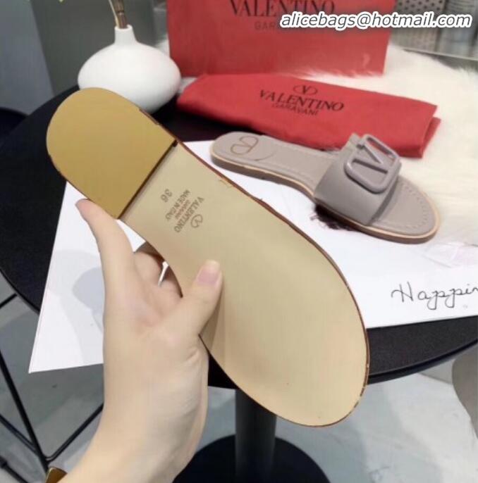 Unique Grade Valentino VLogo Calfskin Flat Slides Sandals V22624 Grey