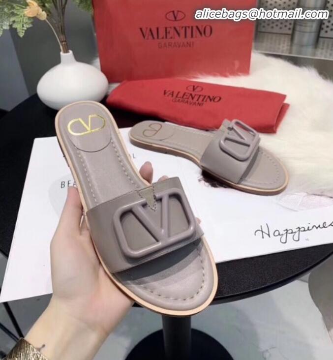 Unique Grade Valentino VLogo Calfskin Flat Slides Sandals V22624 Grey