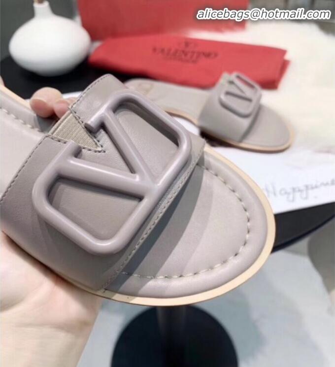 Unique Grade Valentino VLogo Calfskin Flat Slides Sandals V22624 Grey