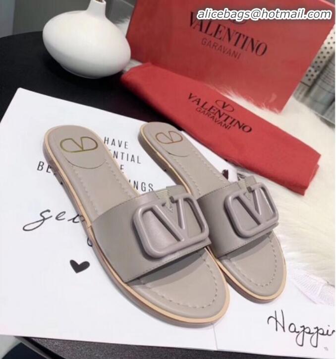 Unique Grade Valentino VLogo Calfskin Flat Slides Sandals V22624 Grey