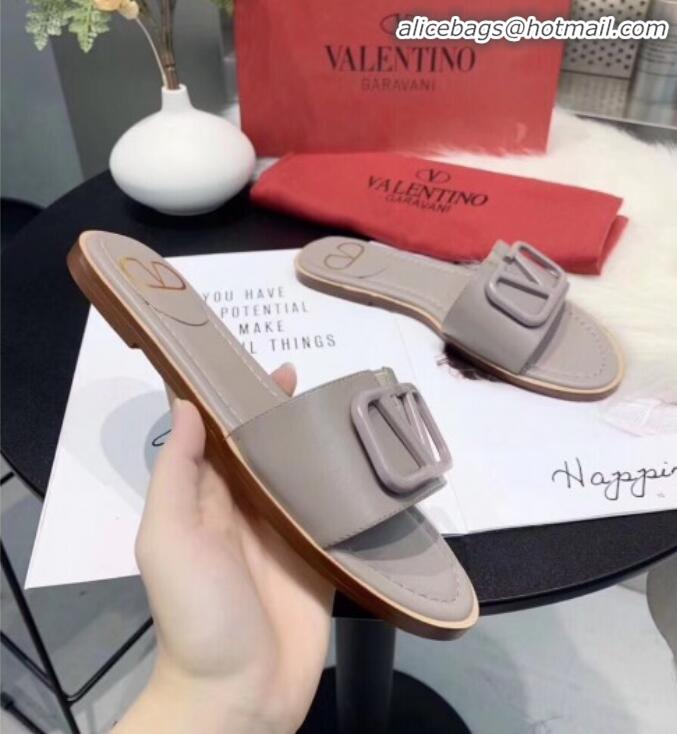 Unique Grade Valentino VLogo Calfskin Flat Slides Sandals V22624 Grey