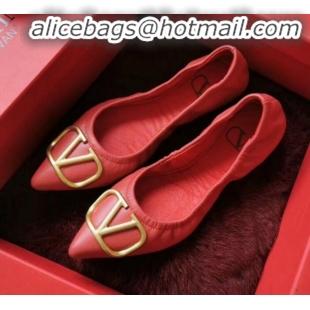 Good Looking Valentino VLogo Leather Flat Ballerinas V22629 Red