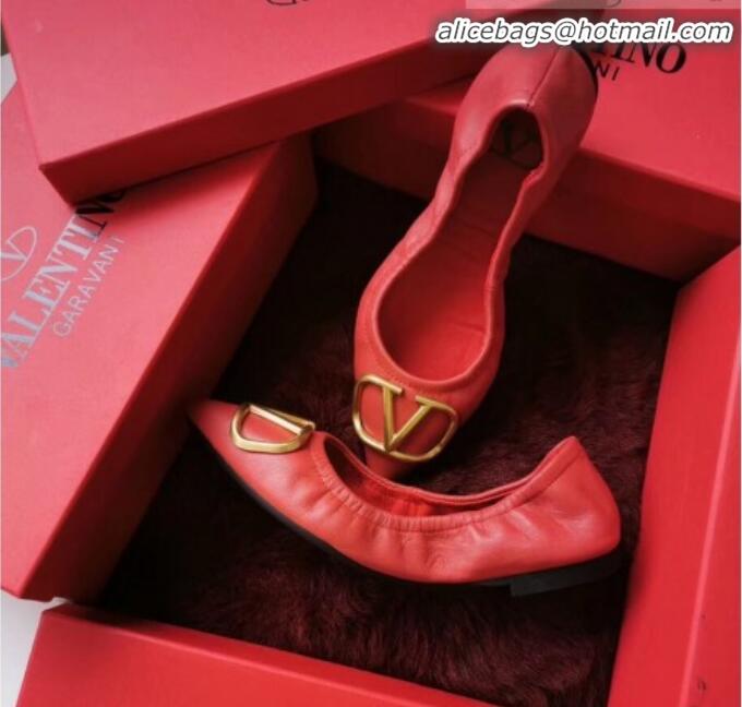 Good Looking Valentino VLogo Leather Flat Ballerinas V22629 Red