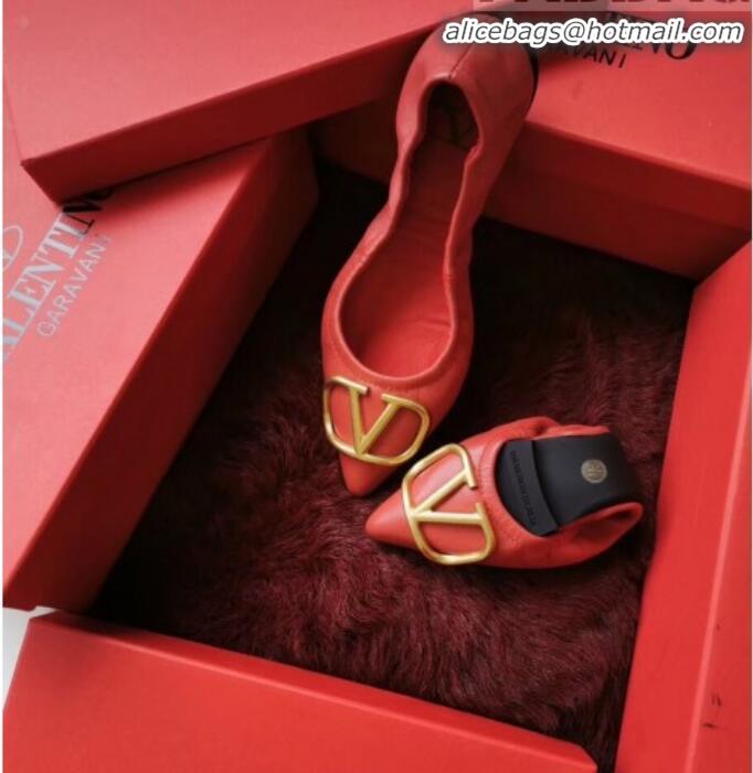 Good Looking Valentino VLogo Leather Flat Ballerinas V22629 Red