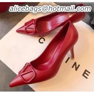 Top Quality Valentino VLogo Calfskin Pointed Toe Mid-Heel Pump V23101 Red