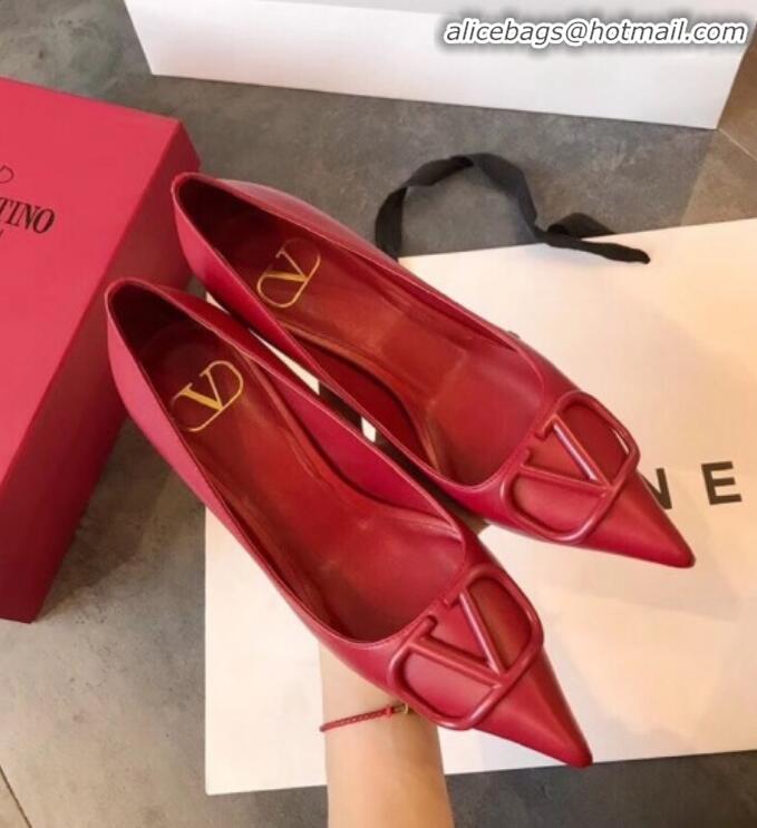 Top Quality Valentino VLogo Calfskin Pointed Toe Mid-Heel Pump V23101 Red