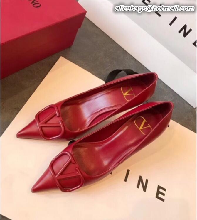 Top Quality Valentino VLogo Calfskin Pointed Toe Mid-Heel Pump V23101 Red