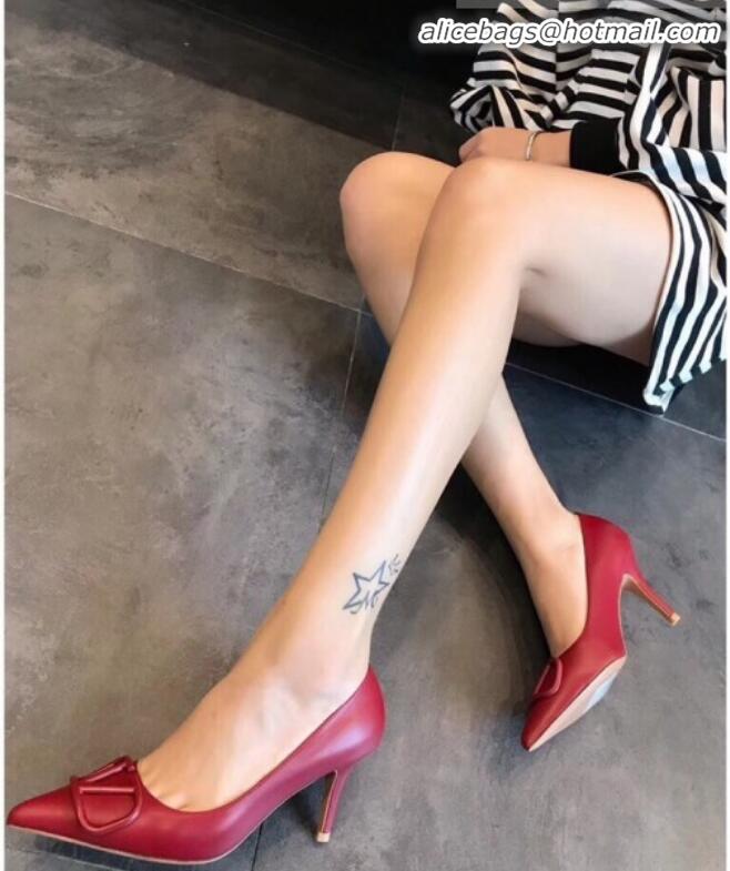 Top Quality Valentino VLogo Calfskin Pointed Toe Mid-Heel Pump V23101 Red