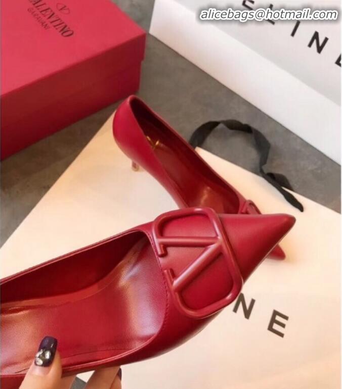 Top Quality Valentino VLogo Calfskin Pointed Toe Mid-Heel Pump V23101 Red