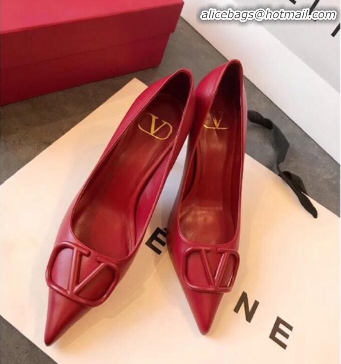 Top Quality Valentino VLogo Calfskin Pointed Toe Mid-Heel Pump V23101 Red