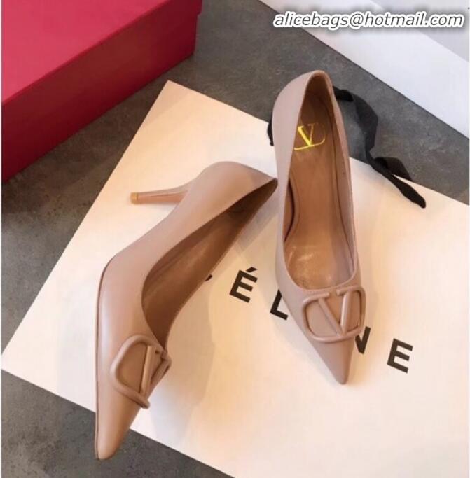 Discount Valentino VLogo Calfskin Pointed Toe Mid-Heel Pump V23101 Nude