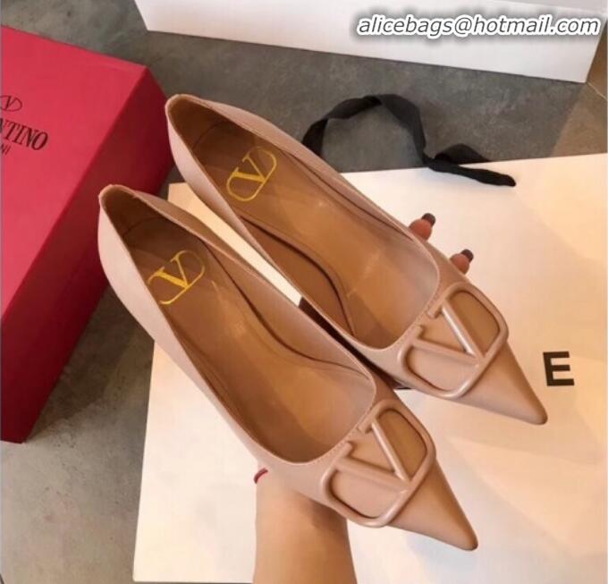 Discount Valentino VLogo Calfskin Pointed Toe Mid-Heel Pump V23101 Nude