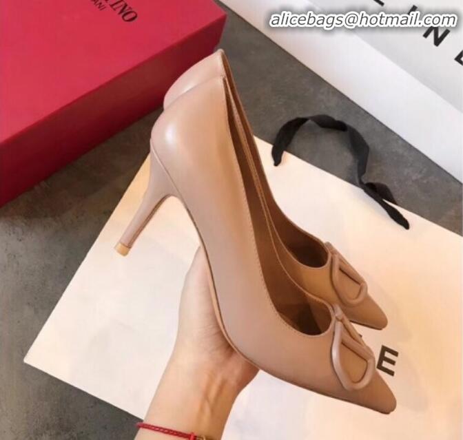 Discount Valentino VLogo Calfskin Pointed Toe Mid-Heel Pump V23101 Nude