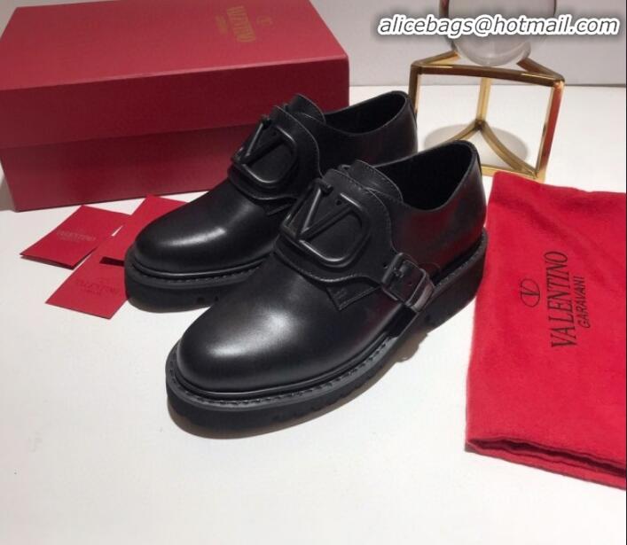 Low Cost Valentino Calfskin VLogo Buckle Loafers V30317 All Black 2020