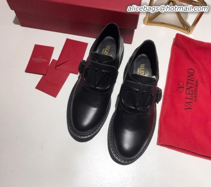 Low Cost Valentino Calfskin VLogo Buckle Loafers V30317 All Black 2020