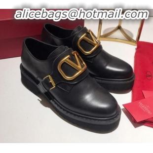 Top Grade Valentino Calfskin VLogo Buckle Loafers V30317 Black/Gold 2020