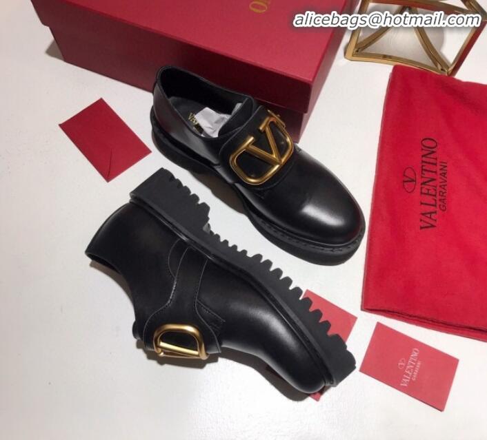 Top Grade Valentino Calfskin VLogo Buckle Loafers V30317 Black/Gold 2020