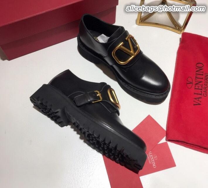 Top Grade Valentino Calfskin VLogo Buckle Loafers V30317 Black/Gold 2020