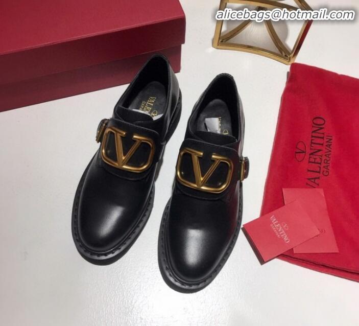 Top Grade Valentino Calfskin VLogo Buckle Loafers V30317 Black/Gold 2020