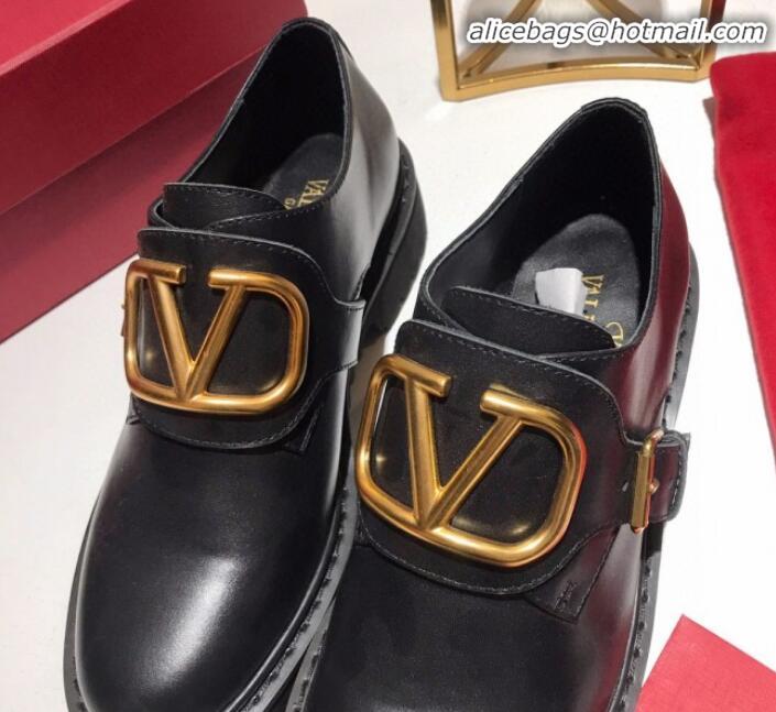 Top Grade Valentino Calfskin VLogo Buckle Loafers V30317 Black/Gold 2020