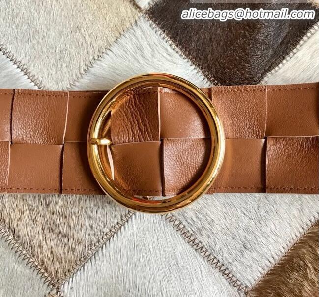 Discount Bottega Veneta Woven Lambskin Belt Width 60mm with Circle Buckle BV20533 Brown