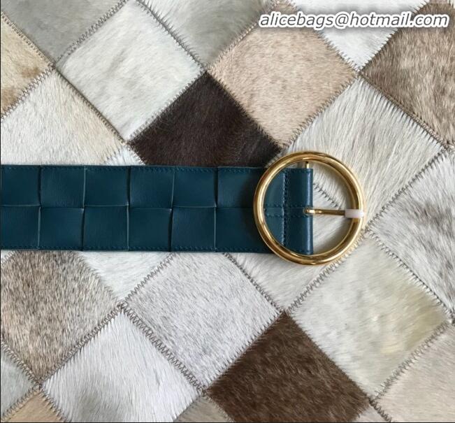 Low Price Bottega Veneta Woven Lambskin Belt Width60 mm with Circle Buckle BV20533 Petrol Blue