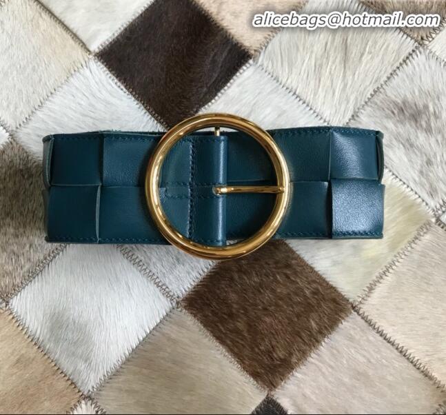 Low Price Bottega Veneta Woven Lambskin Belt Width60 mm with Circle Buckle BV20533 Petrol Blue