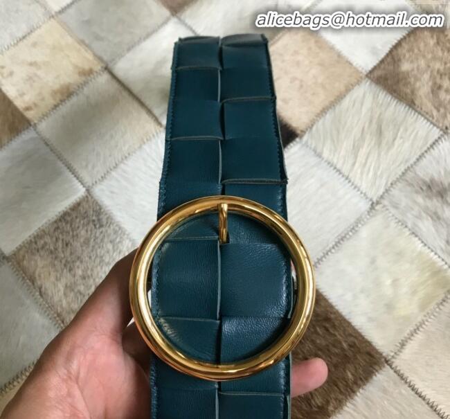 Low Price Bottega Veneta Woven Lambskin Belt Width60 mm with Circle Buckle BV20533 Petrol Blue