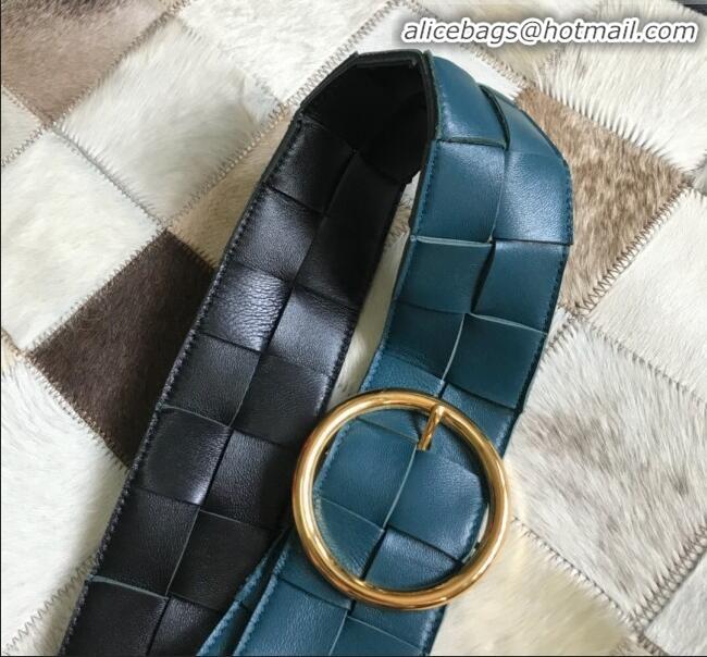 Low Price Bottega Veneta Woven Lambskin Belt Width60 mm with Circle Buckle BV20533 Petrol Blue