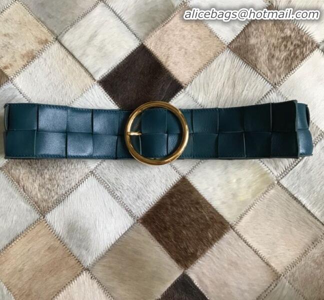 Low Price Bottega Veneta Woven Lambskin Belt Width60 mm with Circle Buckle BV20533 Petrol Blue