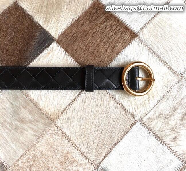 Affordable Price Bottega Veneta Woven Lambskin Belt Width 30mm with Circle Buckle BV21938 Black