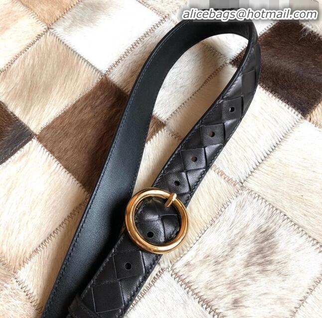 Affordable Price Bottega Veneta Woven Lambskin Belt Width 30mm with Circle Buckle BV21938 Black