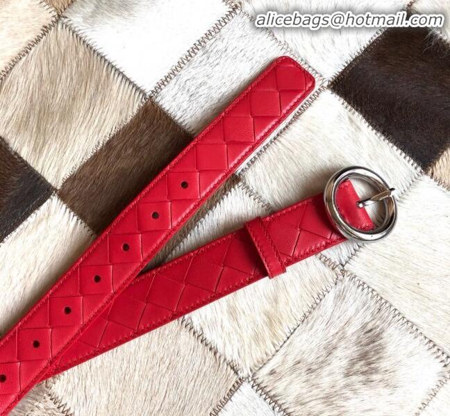 Famous Faux Bottega Veneta Woven Lambskin Belt Width 30mm with Circle Buckle BV21938 Red